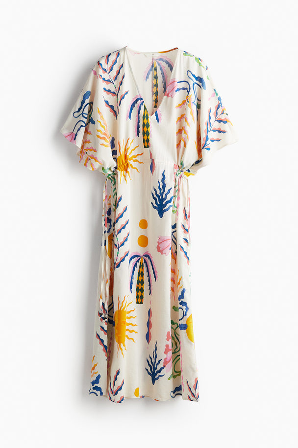 H&M Drawstring-detail Kaftan Dress Cream/patterned