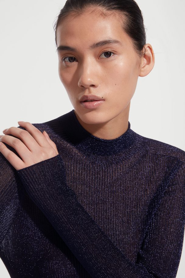 COS High-neck Ribbed-knit Top Navy