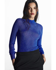High-neck Ribbed-knit Top Blue
