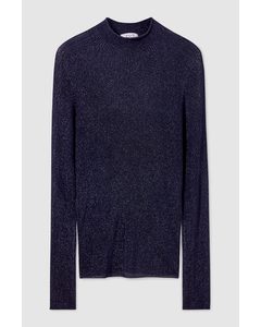 High-neck Ribbed-knit Top Navy