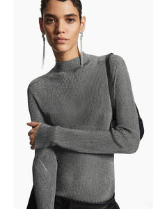 High-neck Ribbed-knit Top Dark Grey