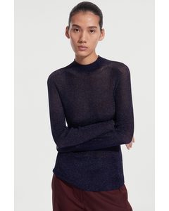 High-neck Ribbed-knit Top Navy