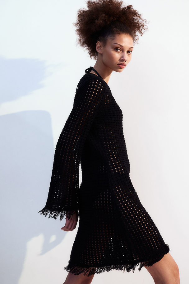 H&M Fringe-trimmed Hole-knit Dress Black