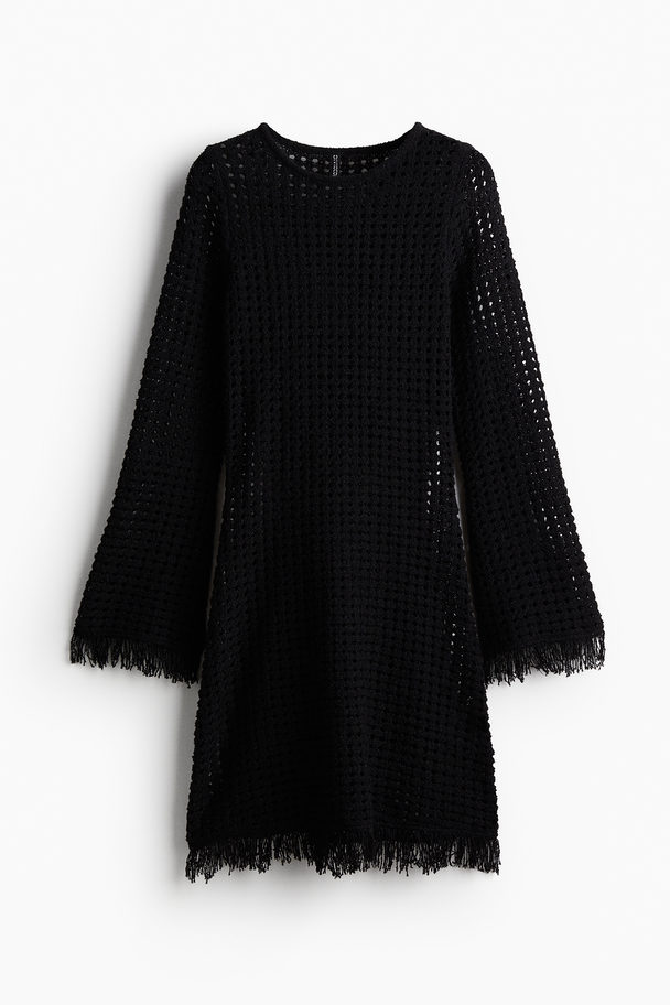 H&M Fringe-trimmed Hole-knit Dress Black