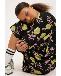 Avslappnad Långärmad Miniklänning Svart Med Gröna Blommor