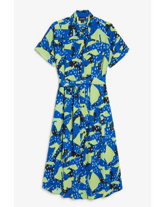 Blue Collage Print Belted Dress Blue Collage