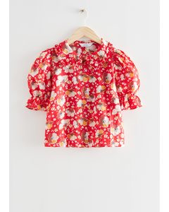 Printed Frill Blouse Red/white