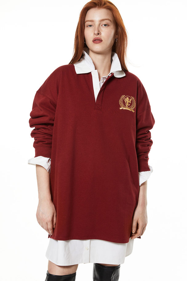 H&M Embroidered Rugby Shirt Dark Red