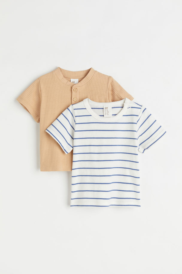 H&M 2-pack Cotton T-shirts Powder Beige/striped