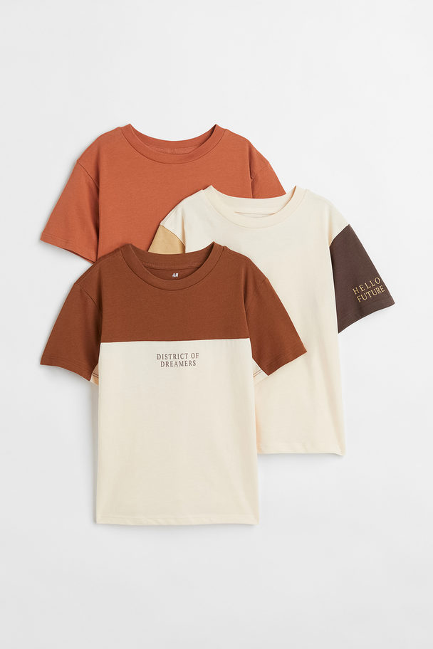 H&M Set Van 3 Katoenen T-shirts Bruin/blokkleuren