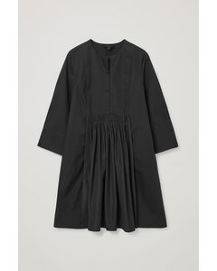 Collarless Pleated Shirt Dress Black