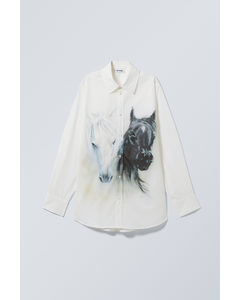 Oversized Printed Poplin Shirt White & Black Horses