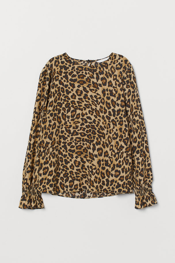 H&M Gesmokte Bluse Beige/Leopardenmuster
