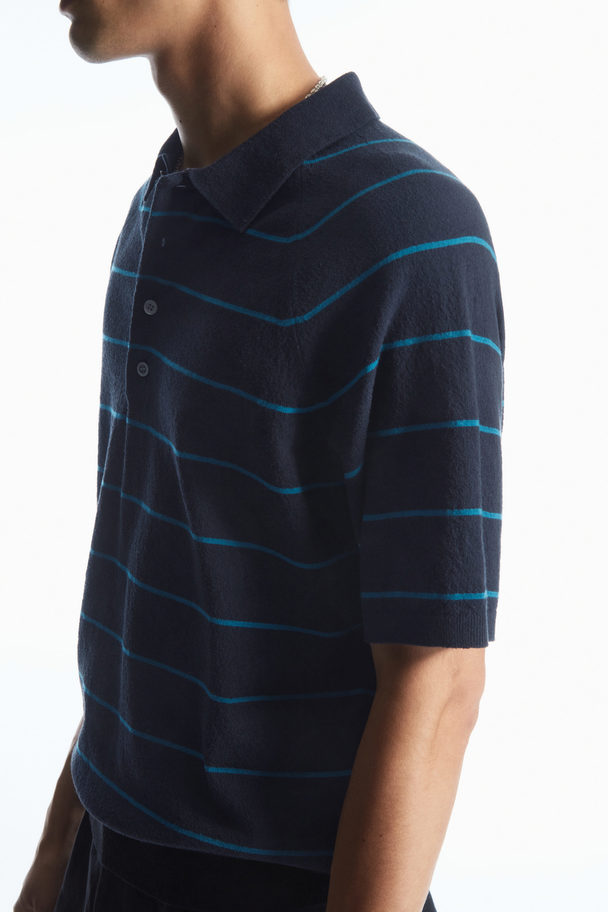 COS Textured-knit Striped Polo Shirt Navy / Aqua / Striped