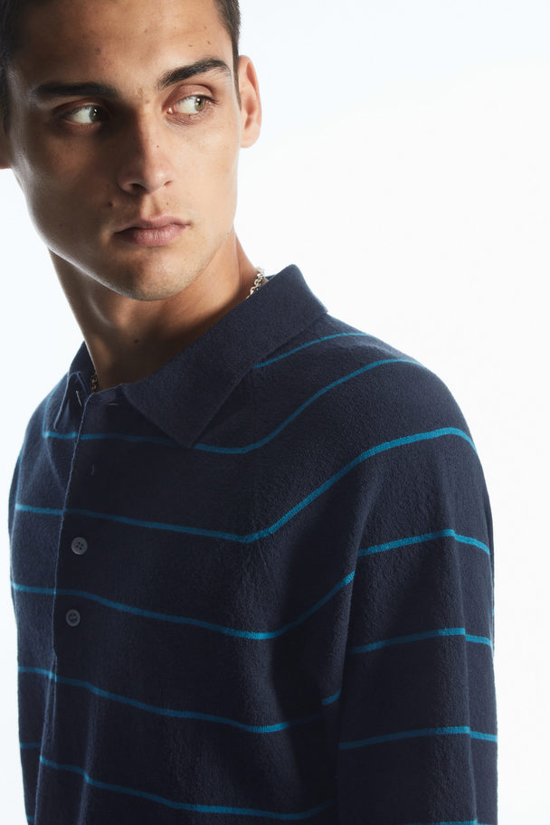 COS Textured-knit Striped Polo Shirt Navy / Aqua / Striped