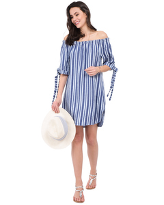 Short Stripped Dress With Boat Collar And Knotted Half-sleeves