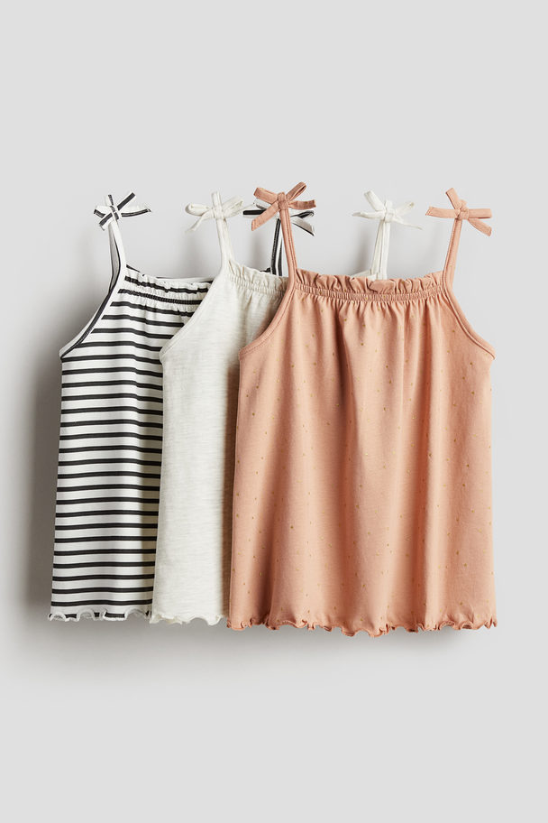 H&M 3-pack Bow-detail Strappy Tops Beige-pink/spotted