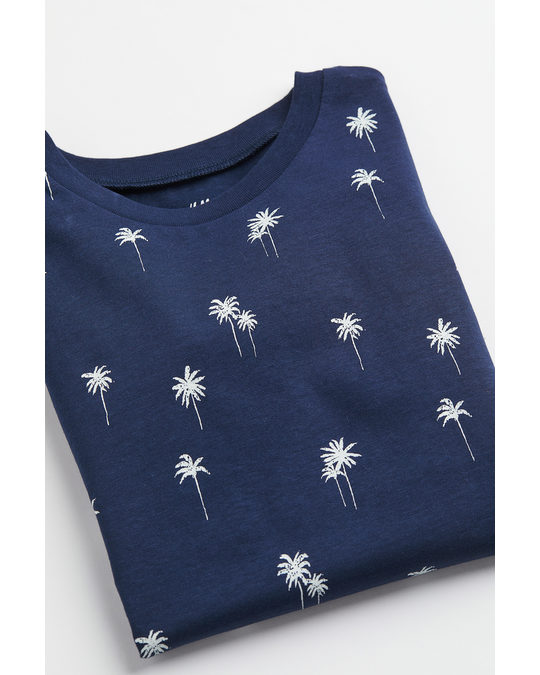 H&M Cotton T-shirt Navy Blue/palm Trees