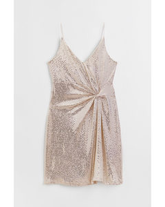 Knot-detail Sequined Dress Beige/silver-coloured