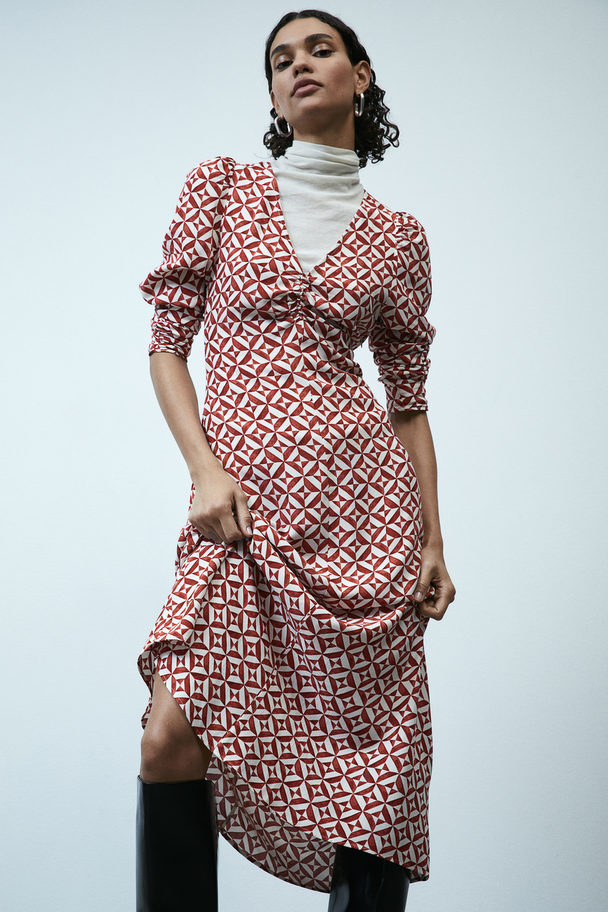 H&M Kleid mit Puffärmeln Rot/Gemustert