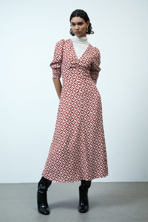 H&M Kleid mit Puffärmeln Rot/Gemustert