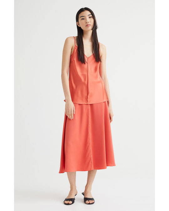 H&M Calf-length Satin Skirt Fire Orange