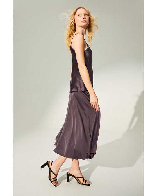 H&M Calf-length Satin Skirt Dark Plum Purple