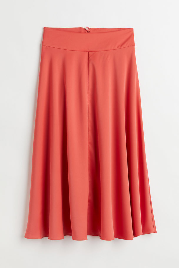 H&M Calf-length Satin Skirt Fire Orange
