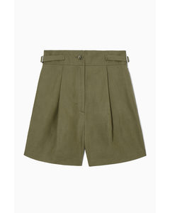 Pleated Linen-blend Utility Shorts Khaki