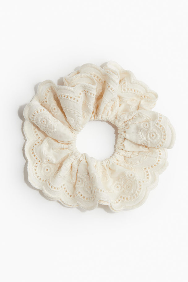 H&M Bestickter Baumwoll-Scrunchie Cremefarben