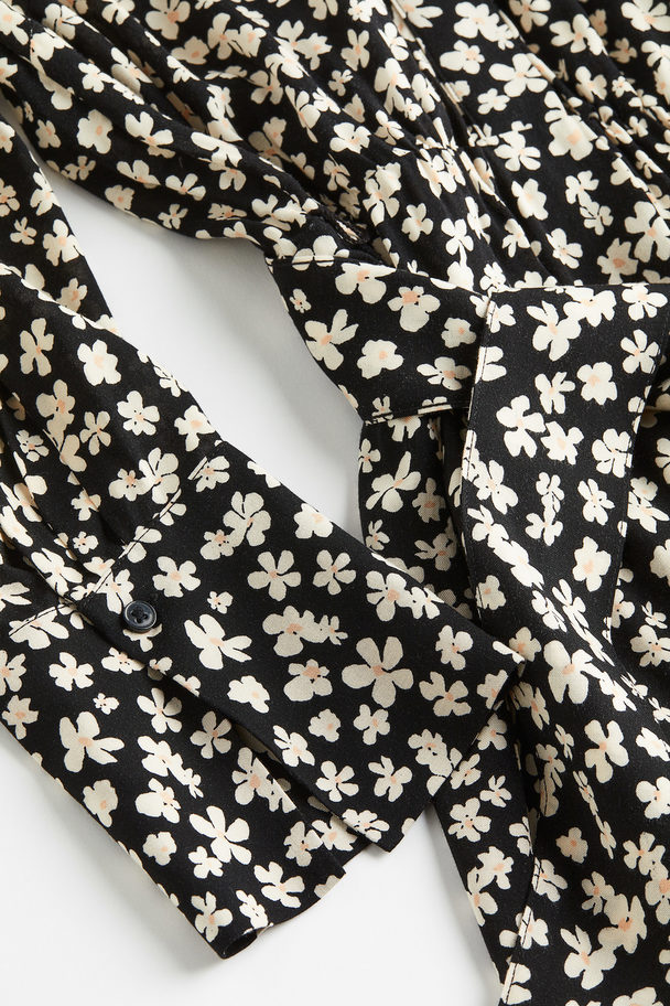H&M Tie-belt Shirt Dress Black/small Flowers