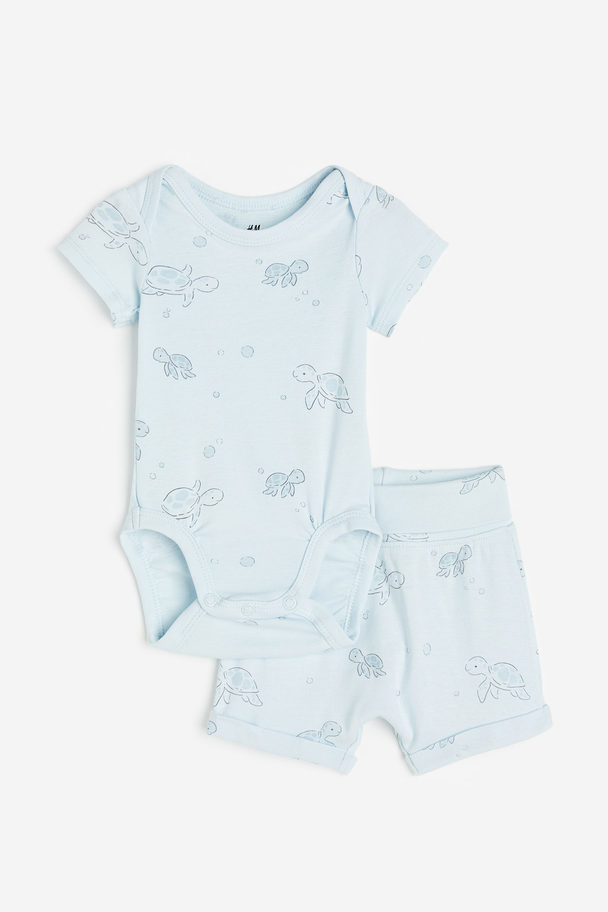 H&M Tweedelige Katoenen Set Lichtblauw/schildpadden