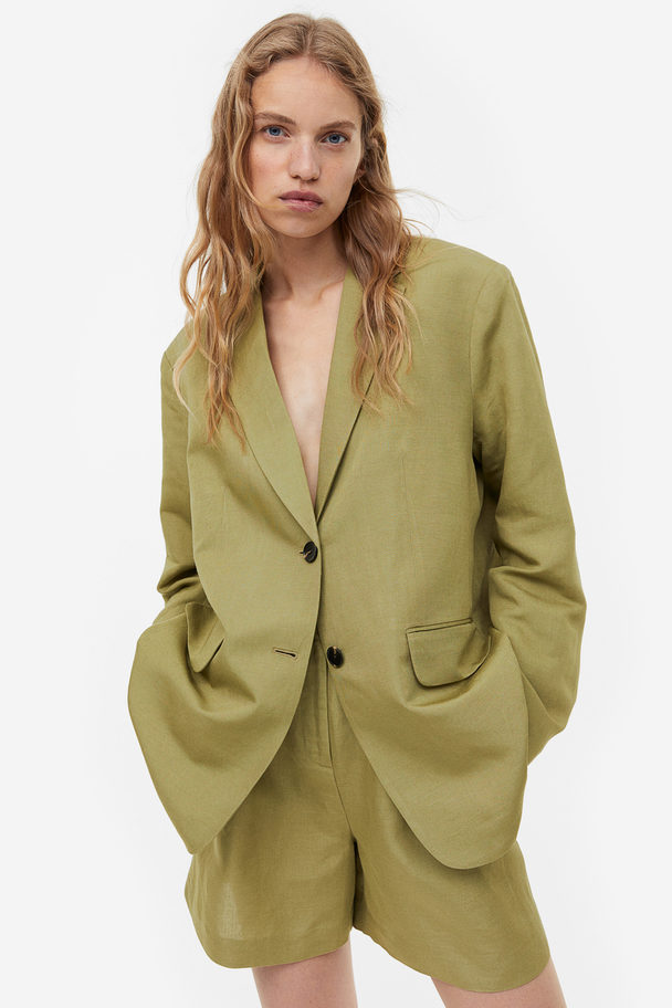 H&M Oversized Linen-blend Blazer Khaki Green