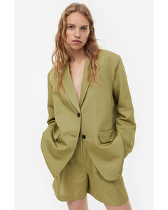 Oversized Linen-blend Blazer Khaki Green