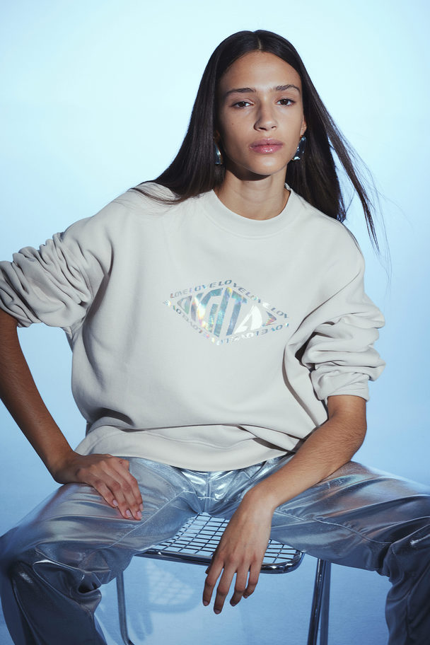 H&M Oversized Sweatshirt mit Motiv Hellbeige/Digital