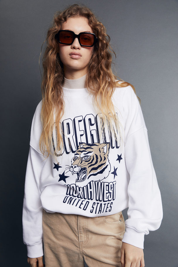 H&M Oversized Sweatshirt Med Motiv Vit/oregon