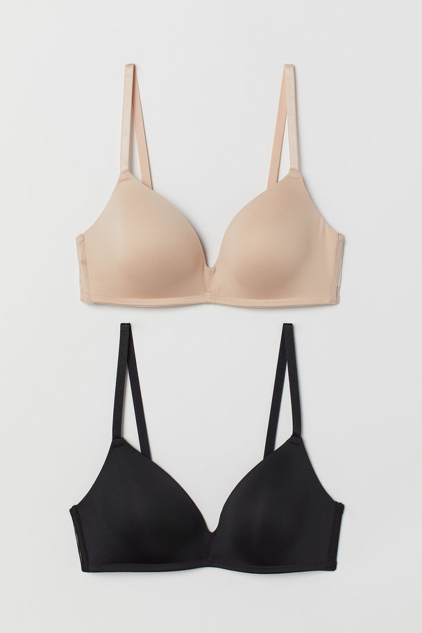 H&M 2-pack Microfibre Non-wired Padded Bras Black/beige