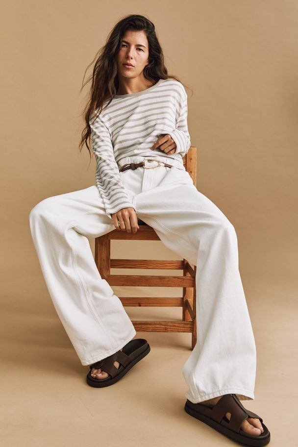 H&M Long-sleeved Top White/light Beige Striped
