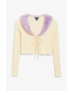 Faux Fur Tie-front Cardigan Yellow And Purple Collar