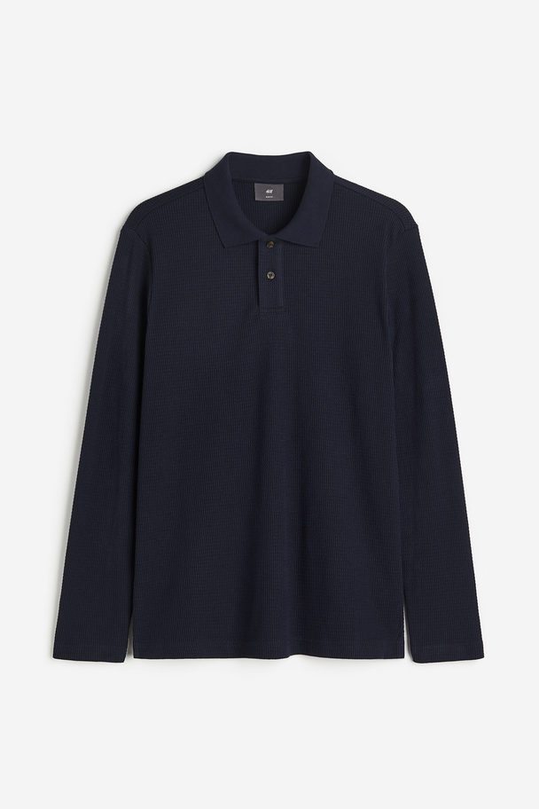 H&M Poloshirt Van Wafeltricot - Slim Fit Donkerblauw