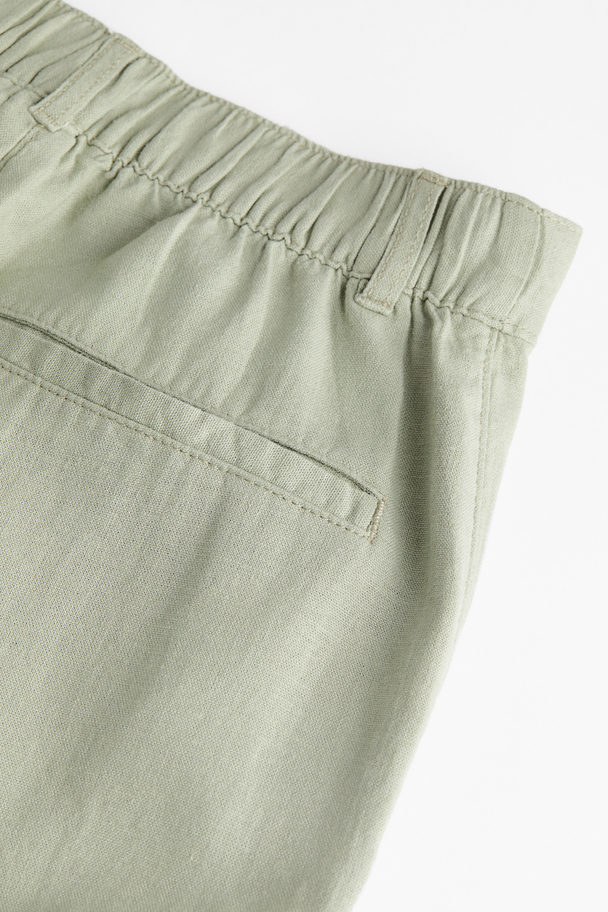H&M Linen-blend Twill Trousers Light Khaki Green