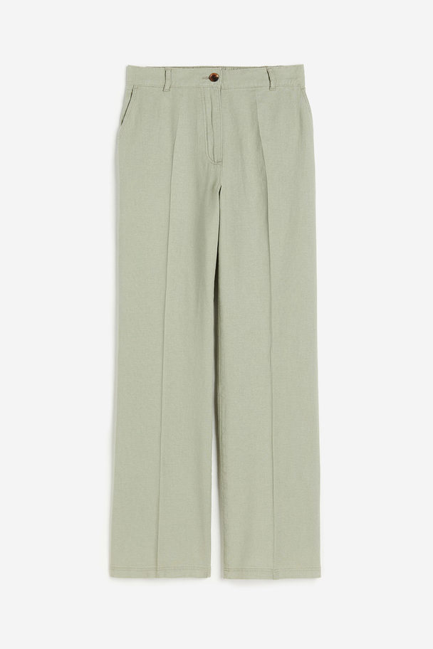 H&M Linen-blend Twill Trousers Light Khaki Green