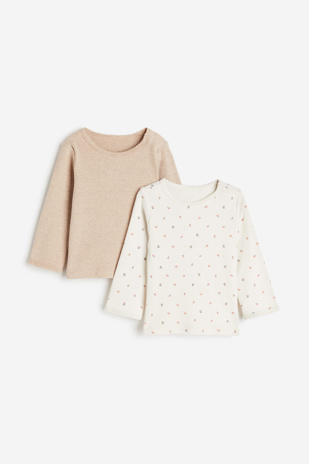 H&M 2-pack Ribbed Jersey Tops Natural White/floral