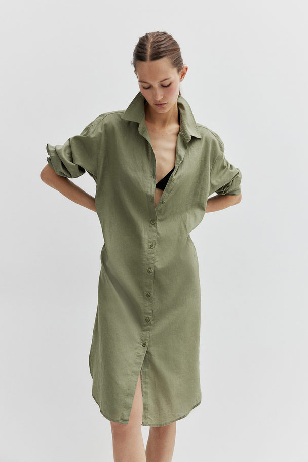 H&M Linen-blend Shirt Dress Khaki Green