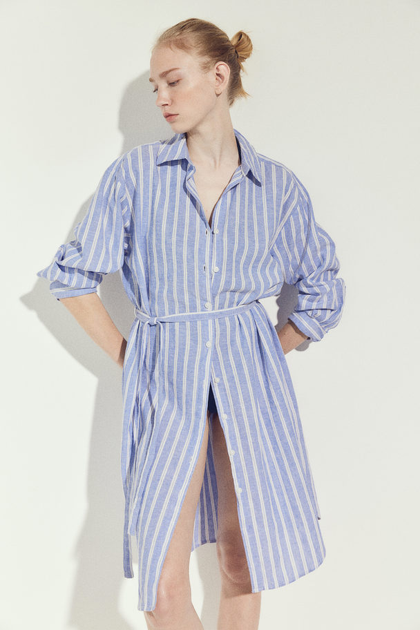 H&M Blusenkleid aus Leinenmix Blau/Gestreift