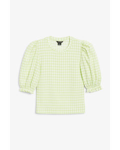 Green And White Cropped Gingham Top With Puff Sleeves Green And White