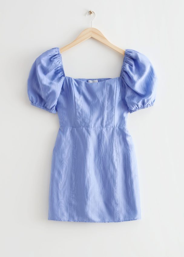 & Other Stories Puff Sleeve Jacquard Mini Dress Light Blue