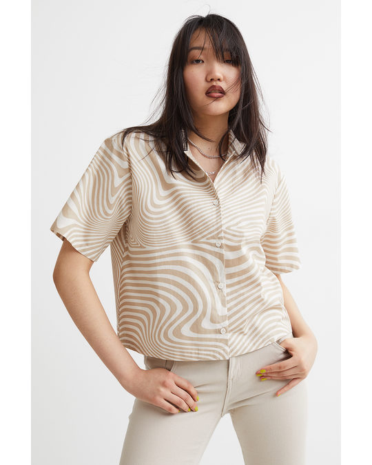 H&M Boxy Resort Shirt Light Beige/patterned