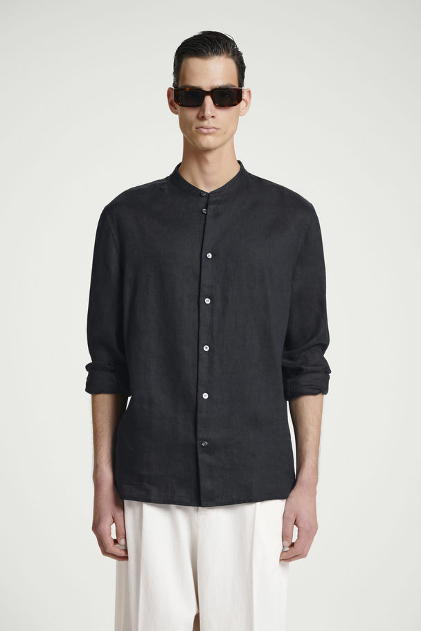 COS Oversized Grandad-collar Linen Shirt Navy Blue