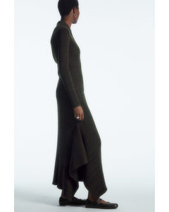 Asymmetric Ribbed Wool Midi Skirt Olive Green Mélange